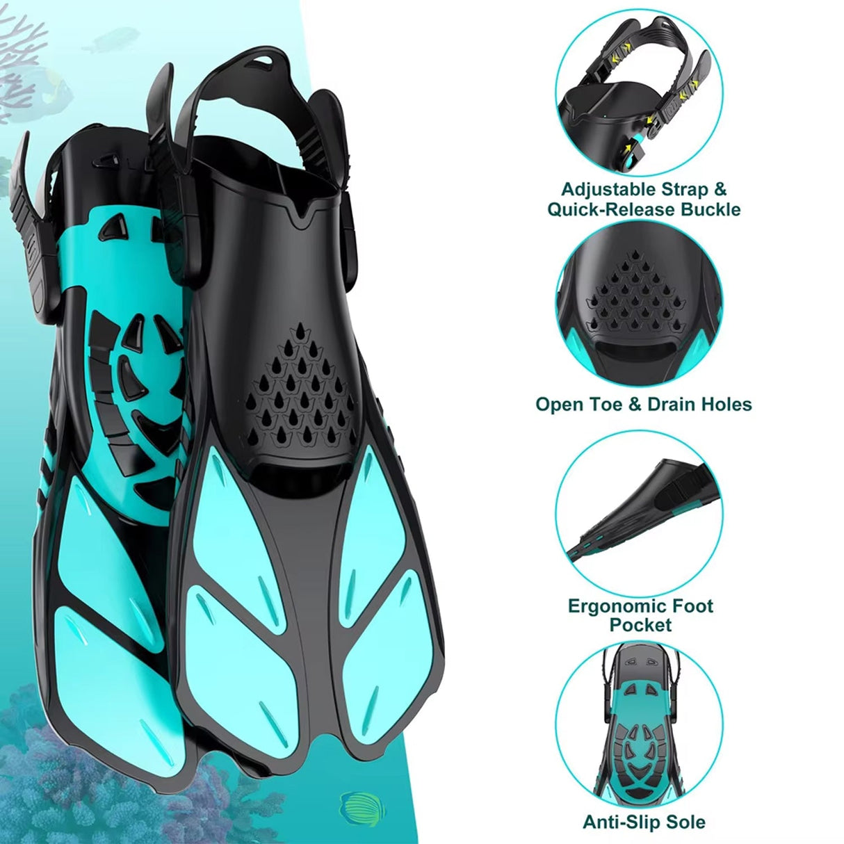 DeepBrez Snorkel Set with 180° Panoramic Mask and Adjustable Fins