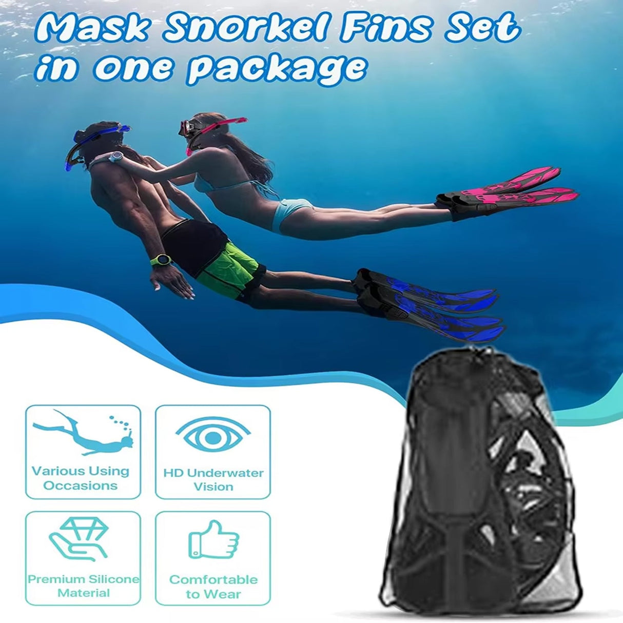DeepBrez Snorkel Set with 180° Panoramic Mask and Adjustable Fins