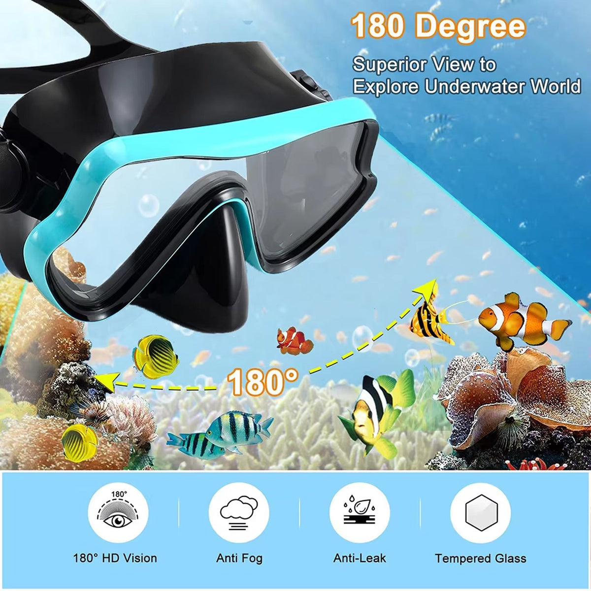 DeepBrez Snorkel Set with 180° Panoramic Mask and Adjustable Fins