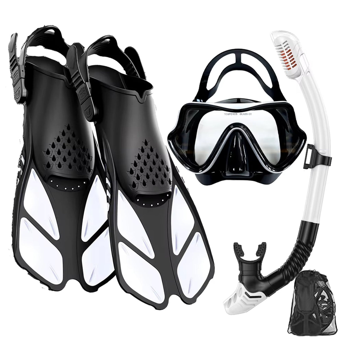 DeepBrez Snorkel Set with 180° Panoramic Mask and Adjustable Fins